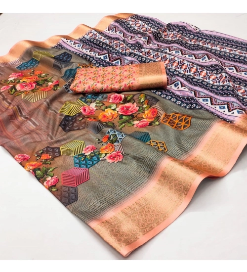 Women's Cotton Silk Printed Saree With Unstitched Blouse 5.5Mtr (Multicolor)