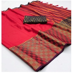 Women's Cotton Silk Checkered Saree With Unstitched Blouse 5.5Mtr (Red)