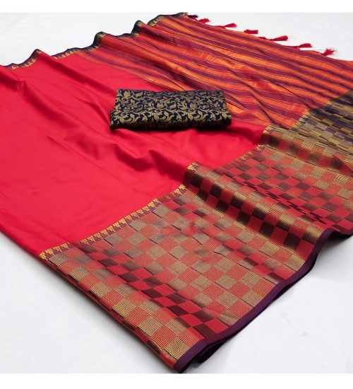 Women's Cotton Silk Checkered Saree With Unstitched Blouse 5.5Mtr (Red)
