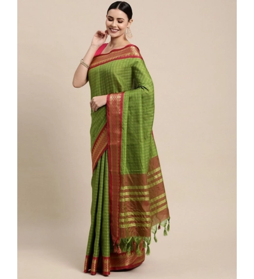 Women's Cotton Silk Checkered Saree With Unstitched Blouse 5.5Mtr (Mehendi)
