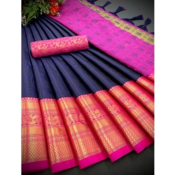 Women's Cotton Silk Printed Saree With Unstitched Blouse 5.5Mtr (Blue)