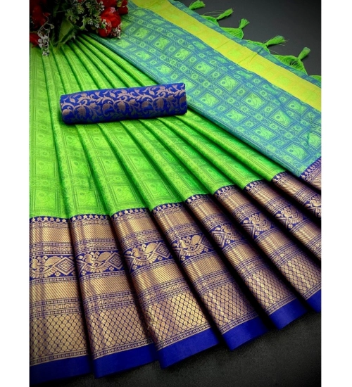 Women's Cotton Silk Printed Saree With Unstitched Blouse 5.5Mtr (Green)