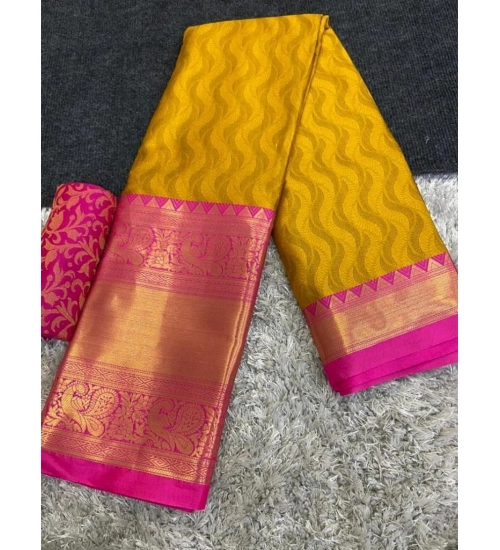 Women's Cotton Silk Printed Saree With Unstitched Blouse 5.5Mtr (Mustard)