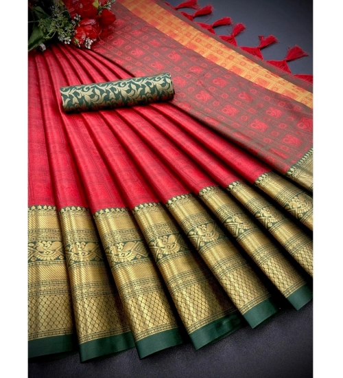 Women's Cotton Silk Printed Saree With Unstitched Blouse 5.5Mtr (Red)