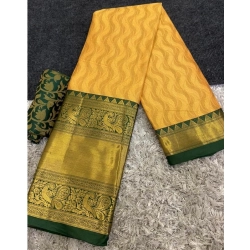 Women's Cotton Silk Printed Saree With Unstitched Blouse 5.5Mtr (Yellow)