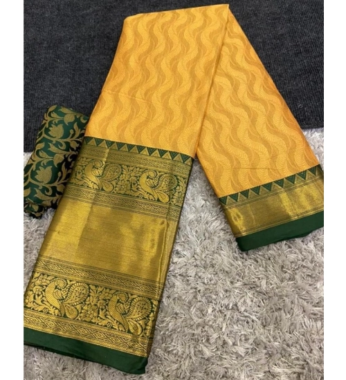 Women's Cotton Silk Printed Saree With Unstitched Blouse 5.5Mtr (Yellow)