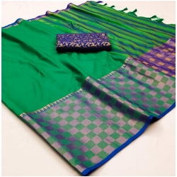 Women's Cotton Silk Checkered Saree With Unstitched Blouse 5.5Mtr (Green)