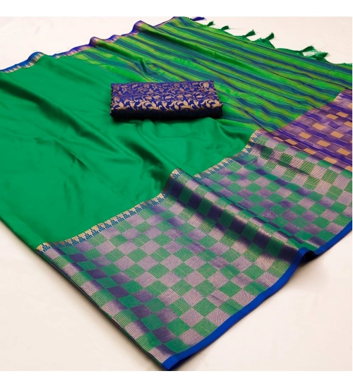 Women's Cotton Silk Checkered Saree With Unstitched Blouse 5.5Mtr (Green)