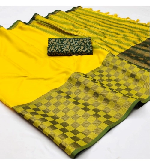 Women's Cotton Silk Checkered Saree With Unstitched Blouse 5.5Mtr (Yellow)