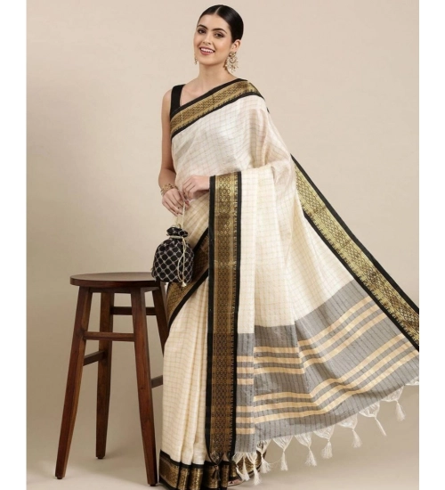 Women's Cotton Silk Checkered Saree With Unstitched Blouse 5.5Mtr (Black)