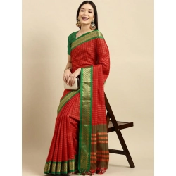 Women's Cotton Silk Checkered Saree With Unstitched Blouse 5.5Mtr (Red)