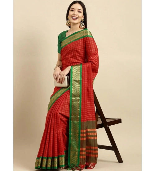 Women's Cotton Silk Checkered Saree With Unstitched Blouse 5.5Mtr (Red)