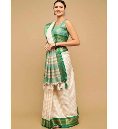 Women's Cotton Silk Checkered Saree With Unstitched Blouse 5.5Mtr (Green)