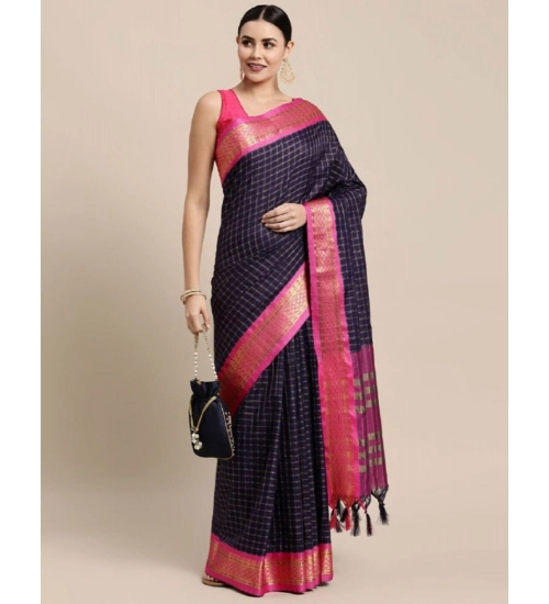 Women's Cotton Silk Checkered Saree With Unstitched Blouse 5.5Mtr (Navy Blue)