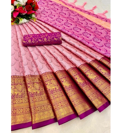 Women's Cotton Silk Printed Saree With Unstitched Blouse 5.5Mtr (Pink)