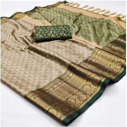 Women's Cotton Silk Floral Print Saree With Unstitched Blouse 5.5Mtr (Green)