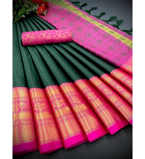 Women's Cotton Silk Printed Saree With Unstitched Blouse 5.5Mtr (Green)