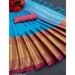 Women's Cotton Silk Woven Design Saree With Unstitched Blouse 5.5Mtr (Blue)