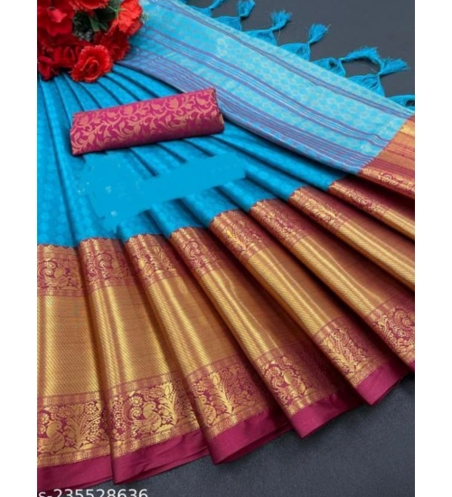 Women's Cotton Silk Woven Design Saree With Unstitched Blouse 5.5Mtr (Blue)