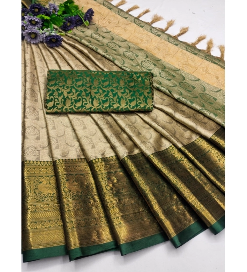 Women's Cotton Silk Printed Saree With Unstitched Blouse 5.5Mtr (Green)