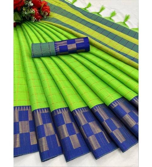 Women's Cotton Silk Printed Saree With Unstitched Blouse 5.5Mtr (Green-Blue)