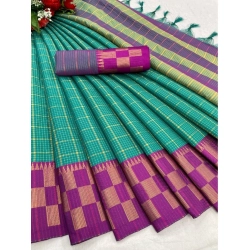 Women's Cotton Silk Printed Saree With Unstitched Blouse 5.5Mtr (Green-Purple)