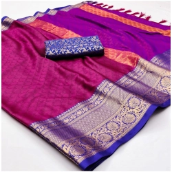 Women's Cotton Silk Floral Print Saree With Unstitched Blouse 5.5Mtr (Purple)