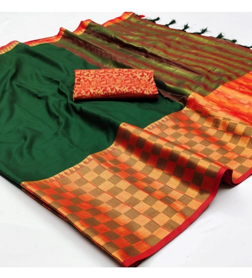 Women's Cotton Silk Checkered Saree With Unstitched Blouse 5.5Mtr (Bgreen)