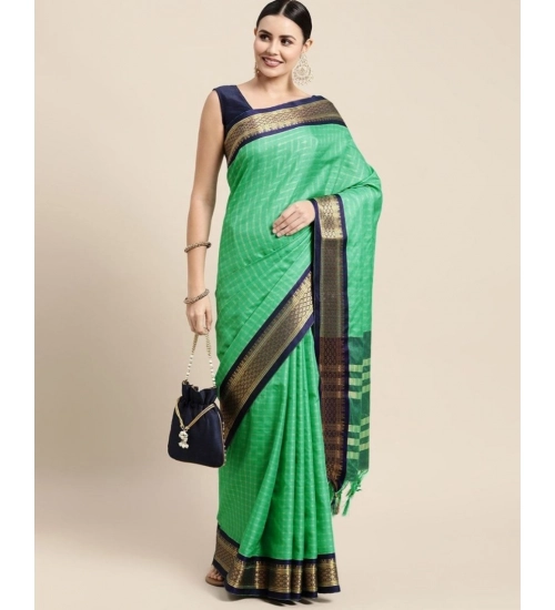 Women's Cotton Silk Checkered Saree With Unstitched Blouse 5.5Mtr (Green)