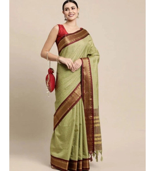Women's Cotton Silk Checkered Saree With Unstitched Blouse 5.5Mtr (olive)