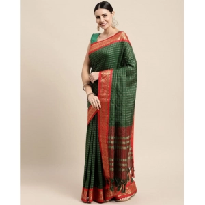 Generic Women's Cotton Silk Checkered Saree With Unstitched Blouse 5.5Mtr (B Green)