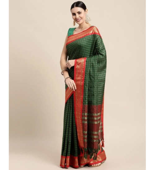 Women's Cotton Silk Checkered Saree With Unstitched Blouse 5.5Mtr (B Green)
