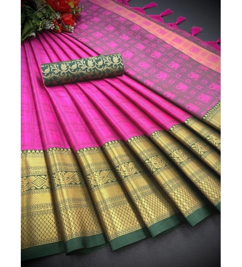 Women's Cotton Silk Printed Saree With Unstitched Blouse 5.5Mtr (Pink)