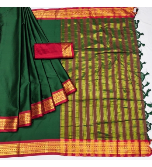 Women's Cotton Silk Solid Saree With Unstitched Blouse 5.5Mtr (Dark Green)