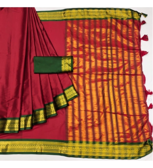 Women's Cotton Silk Solid Saree With Unstitched Blouse 5.5Mtr (Red)