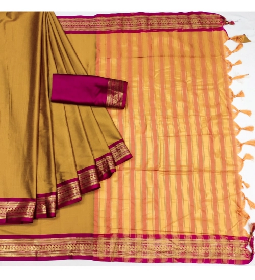 Women's Cotton Silk Solid Saree With Unstitched Blouse 5.5Mtr (Yellow)