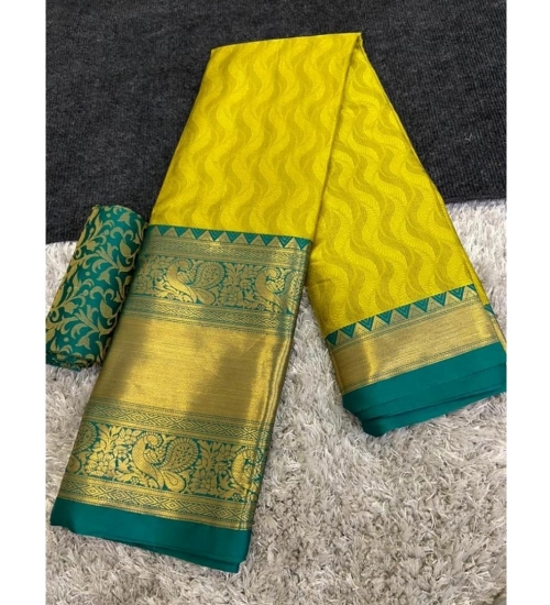 Women's Cotton Silk Printed Saree With Unstitched Blouse 5.5Mtr (Green-Yellow)