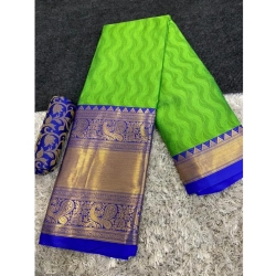Women's Cotton Silk Printed Saree With Unstitched Blouse 5.5Mtr (D Green)