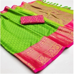 Women's Cotton Silk Floral Print Saree With Unstitched Blouse 5.5Mtr (Green)