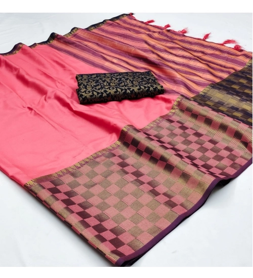 Women's Cotton Silk Checkered Saree With Unstitched Blouse 5.5Mtr (Pink)