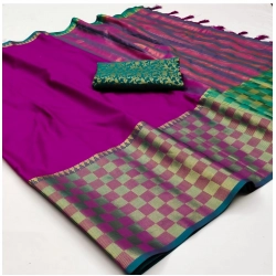 Women's Cotton Silk Checkered Saree With Unstitched Blouse 5.5Mtr (Purple)