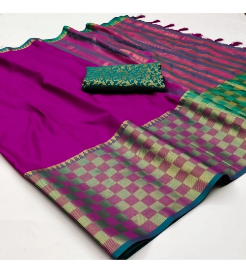 Women's Cotton Silk Checkered Saree With Unstitched Blouse 5.5Mtr (Purple)