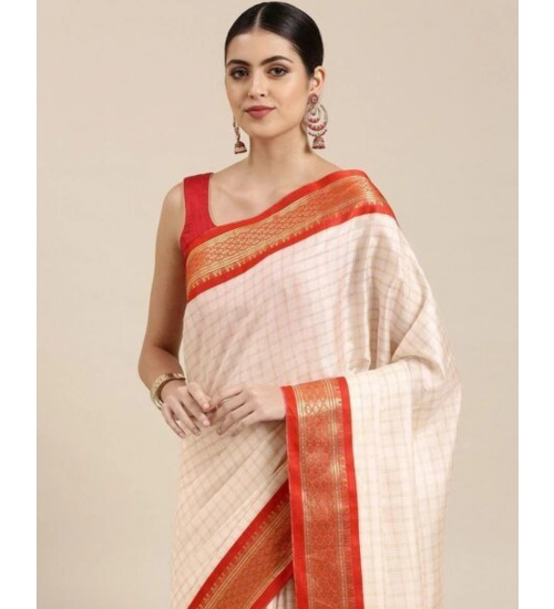 Women's Cotton Silk Checkered Saree With Unstitched Blouse 5.5Mtr (Red)