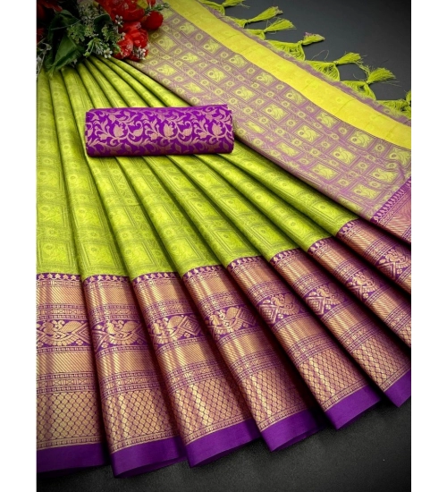 Women's Cotton Silk Printed Saree With Unstitched Blouse 5.5Mtr (Light Green)