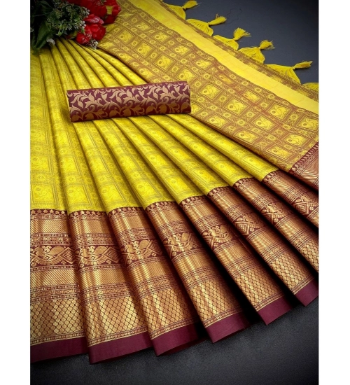 Women's Cotton Silk Printed Saree With Unstitched Blouse 5.5Mtr (Yellow)