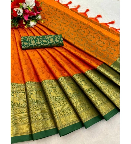 Women's Cotton Silk Printed Saree With Unstitched Blouse 5.5Mtr (Orange)