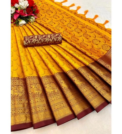 Women's Cotton Silk Printed Saree With Unstitched Blouse 5.5Mtr (Mustard)