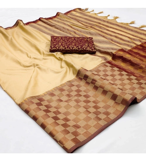Women's Cotton Silk Checkered Saree With Unstitched Blouse 5.5Mtr (Gold)