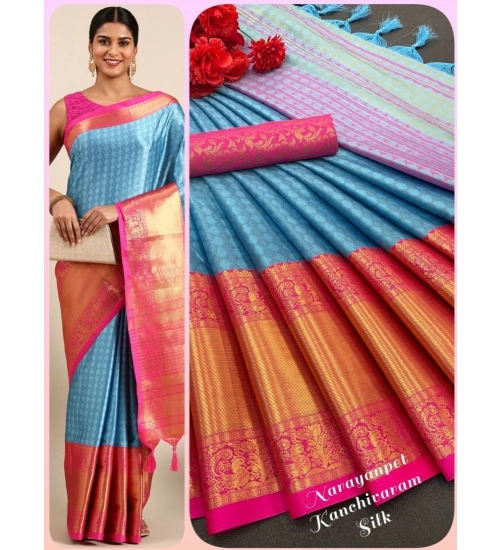 Women's Cotton Silk Woven Design Saree With Unstitched Blouse 5.5Mtr (Light Blue)