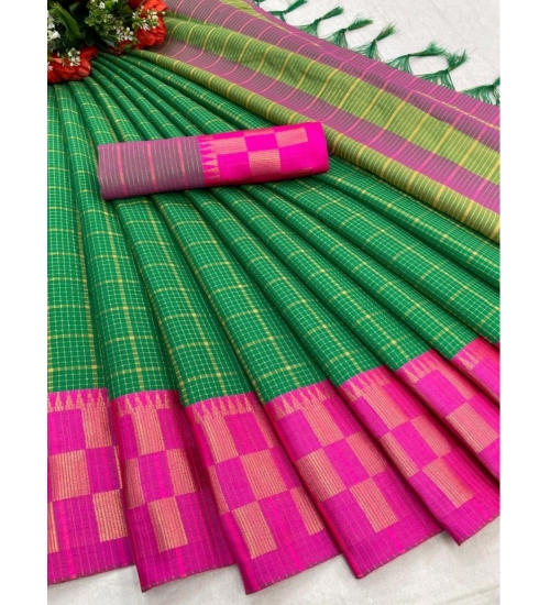 Women's Cotton Silk Printed Saree With Unstitched Blouse 5.5Mtr (D Green)
